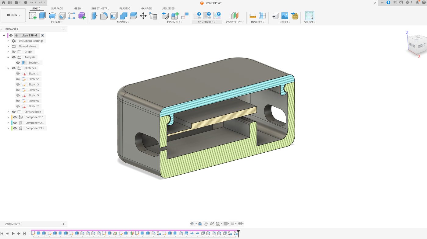 Autodesk Fusion — snitt gjennom Liten ESP v2